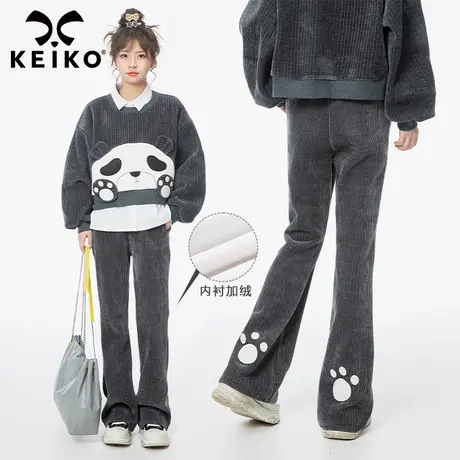 微喇叭灯芯绒休闲裤女加绒秋季洋气绣花垂感雪尼尔条绒直筒裤商品大图