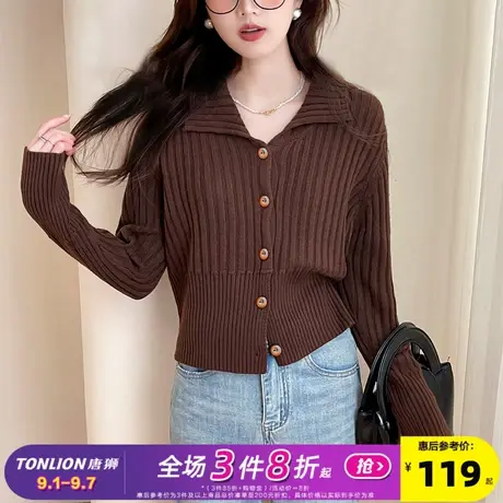 唐狮2025秋冬毛衣女复古显瘦翻领针织开衫女春秋外套高级感气质商品大图