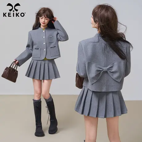KEIKO 格雷系灰色毛呢西装外套女2025秋冬智性通勤短款正肩小西服商品大图