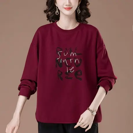 中老年妈妈春秋季长袖T恤宽松加肥加大码女装休闲印花显瘦打底衫商品大图