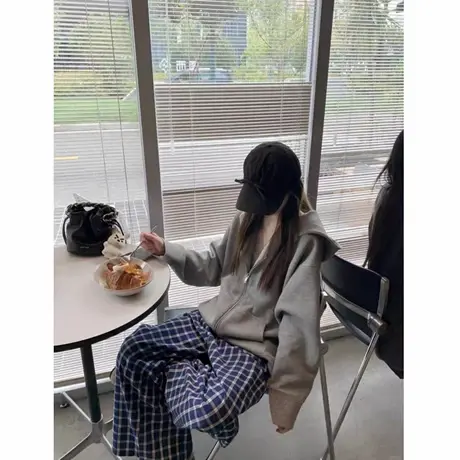 灰色重磅加绒卫衣女2025新款秋冬季高级感开衫慵懒风拉链连帽外套商品大图