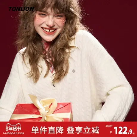 唐狮2026秋冬毛衣女POLO领净色绞花假两件拼接毛线衫设计感商品大图