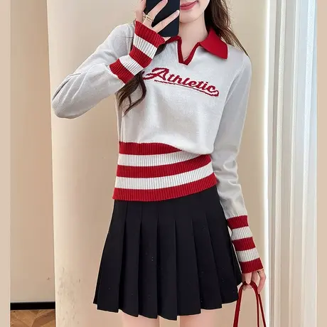唐狮秋冬毛衣女美式风撞色条设计感翻领套头针织衫时尚上衣韩系tu商品大图