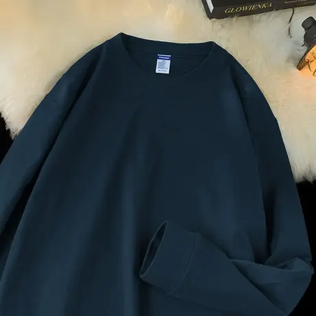 260g重磅t恤男士长袖纯棉圆领宽松内搭打底衫美式纯色体恤上衣服图片