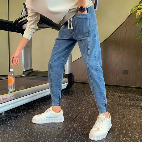 牛仔裤男春秋季小众潮流韩版修身水洗百搭束脚哈伦裤ins小脚长裤商品大图