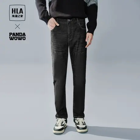 HLA/海澜之家panda wowo熊猫牛仔裤23春秋耐磨宽松窄脚黑牛裤子男图片