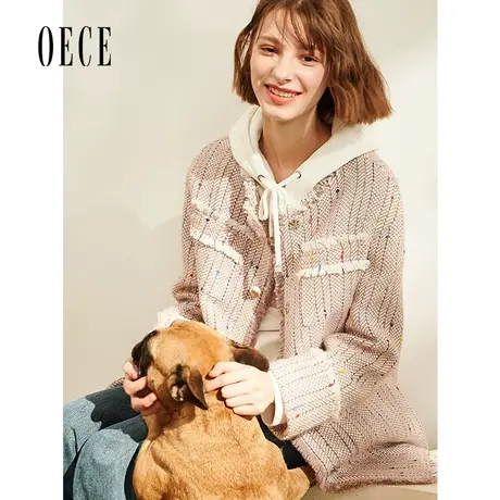Oece秋冬新款女装 复古粉系小香风圆领短流苏个性毛呢外套商品大图