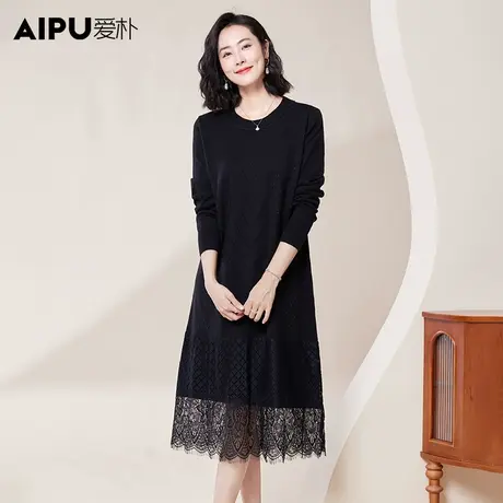 爱朴气质大码女装胖mm高级感2023秋冬款时尚蕾丝拼接下摆连衣裙图片