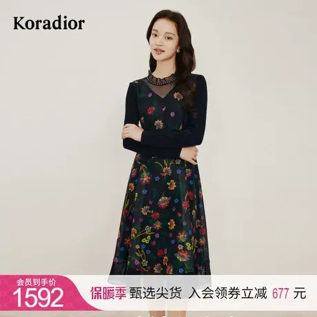 珂莱蒂尔女装2024年春季圆领套头长袖连衣裙拼接工艺中长裙蕾丝裙图片