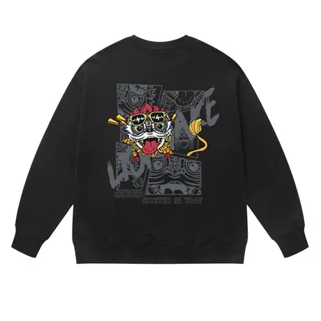 国潮潮牌醒狮圆领卫衣2023秋冬新款加绒男士长袖上衣男款外套商品大图