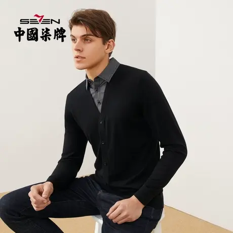 柒牌含桑蚕丝特价男士毛衫春秋商务休闲套头薄款黑色假两件打底衫图片