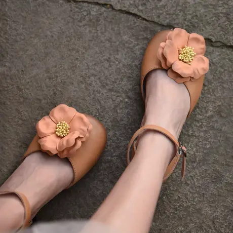 Artmu阿木原创花朵包头凉鞋女平底一字带半凉鞋真皮单鞋2023新款图片