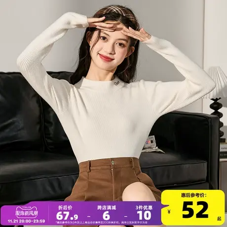 唐狮修身针织上衣女2023新款半高领毛衣秋冬女复古黑色打底衫xz商品大图