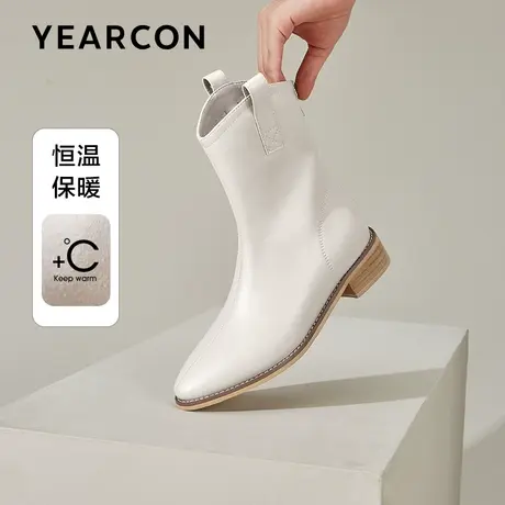 意尔康尖头v口西部皮靴粗跟白色时装靴真皮中低跟短靴秋冬瘦瘦靴图片