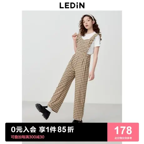 乐町甜美木耳边背带裤女2023年春夏休闲裤女宽松设计感格纹裤图片