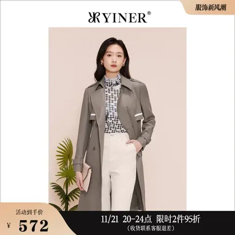 YINER音儿线上专选女装2023春季复古英伦双排扣风衣利落外套商品大图