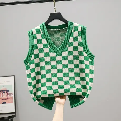 马甲背心女2023春装新款韩版宽松无袖格子针织衫套头毛衣女士上衣商品大图