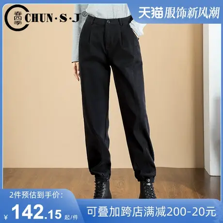 黑色束脚休闲裤女2023新款秋冬加绒女裤高腰宽松长裤子直筒工装裤商品大图