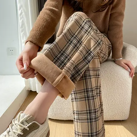 咖啡格子窄版阔腿西装裤女冬季新款复古高腰垂感休闲加绒直筒裤子商品大图