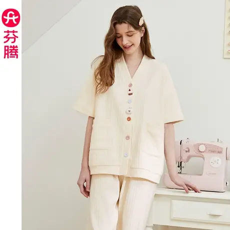 芬腾纯棉布朗熊睡衣女夏季V领开衫卡通韩版少女可外穿家居服套装商品大图