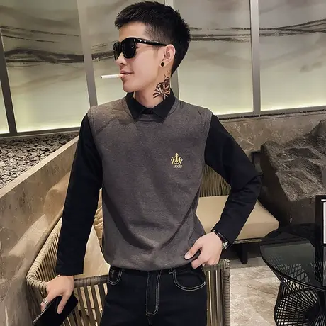 男衬衫领拼色套头长袖毛衣帅气小伙网红潮牌时尚假两件个性打底衫图片