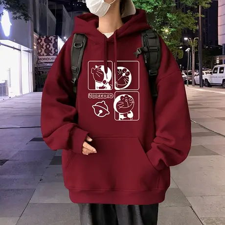 酒红色春秋季纯棉连帽卫衣男潮流高级感卡通美式高街休闲情侣帽衫商品大图