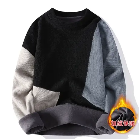 休闲加绒加厚毛衣男装冬季撞色羊毛衫圆领韩版针织衫男士潮流线衣商品大图