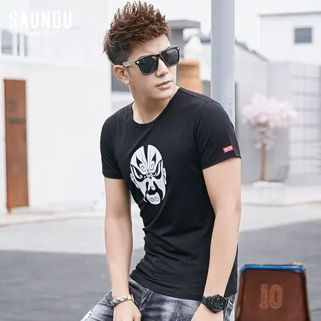 t恤男短袖潮中国风京剧脸谱夏季上衣服半袖黑色圆领修身男生体恤商品大图