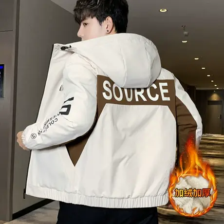 夹克男秋冬季2023年新款韩版潮流连帽棉衣服加绒加厚冬装男士外套商品大图