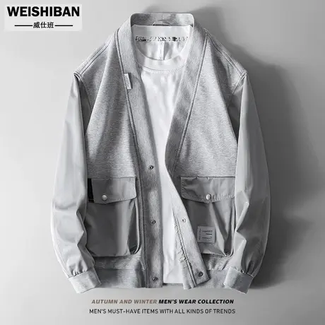 春季针织棉质美式休闲外套男v领工装简约风开衫潮流无领帅气卫衣图片