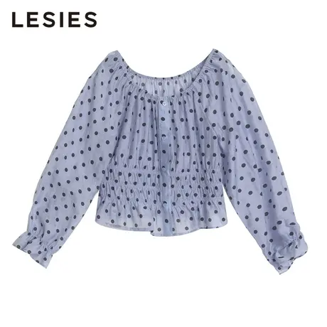 蓝色倾情春女装线下专柜波点圆领两穿法收腰上衣两件套图片