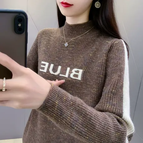 加厚毛衣女秋冬2025新款高级感宽松内搭半高领打底衫拼色针织上衣商品大图