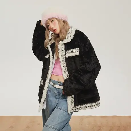 复古小香风拼接保暖棉服女冬季加厚毛毛外套2023新款宽松编织棉衣商品大图