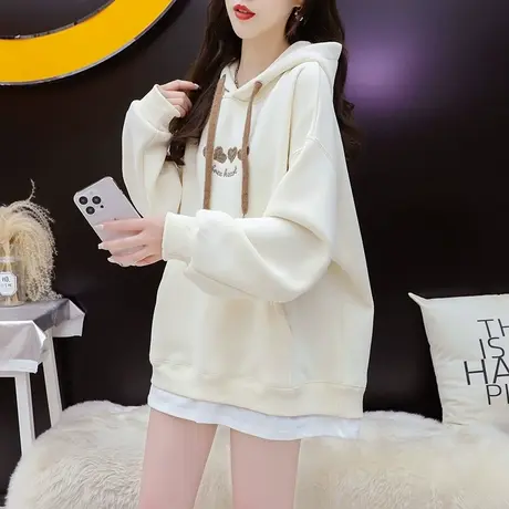 加绒加厚连帽卫衣外套女2023新款秋冬爆款洋气宽松慵懒风百搭上衣商品大图