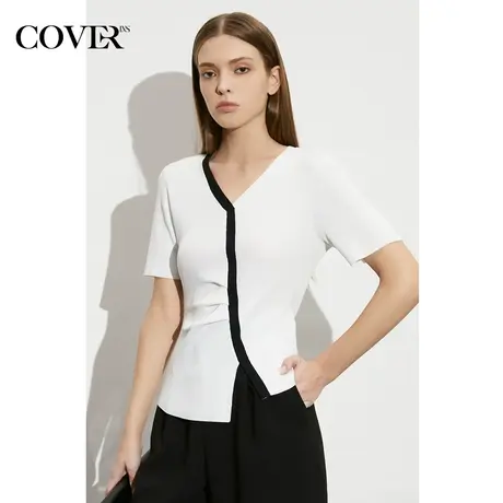 COVER夏季冰丝不对称撞色褶皱上衣商品大图