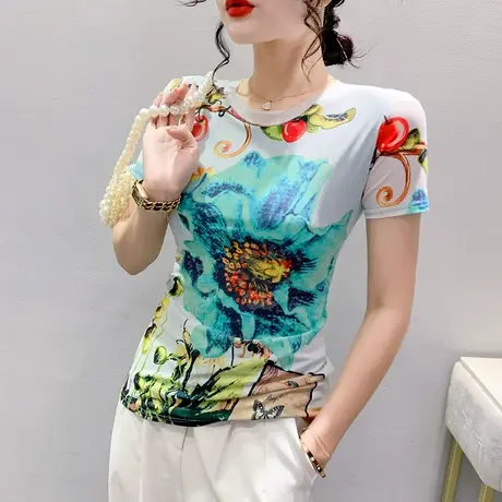 漂亮印花T恤女短袖2024夏季新款性感网纱小衫修身显瘦圆领上衣ins图片