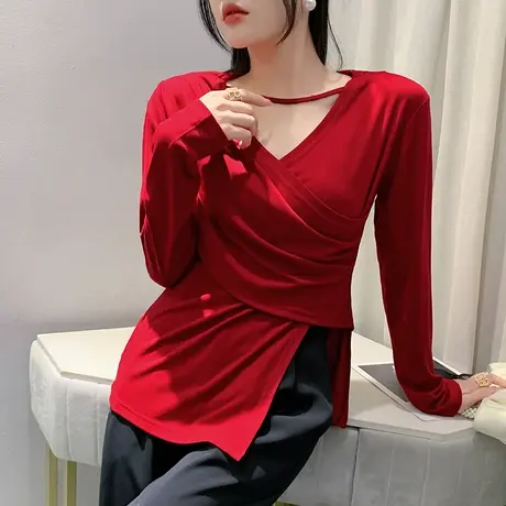 设计感V领开叉T恤女长袖秋季不规则收腰T恤洋气收腰百搭打底衫ins商品大图