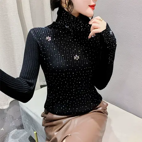 欧货烫钻钉珠拼接上衣黑色高领针织衫女长袖洋气套头内搭打底衫秋商品大图