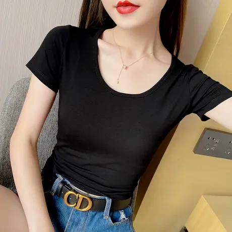 纯棉白色短袖t恤女ins潮夏季上衣圆领半袖修身显瘦正肩露脐体恤黑商品大图