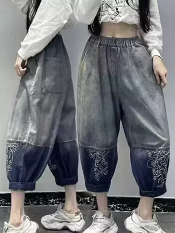 欧货水洗渐变做旧牛仔裤女宽松阔版百搭时尚拼接贴布老爹垮裤子潮商品大图