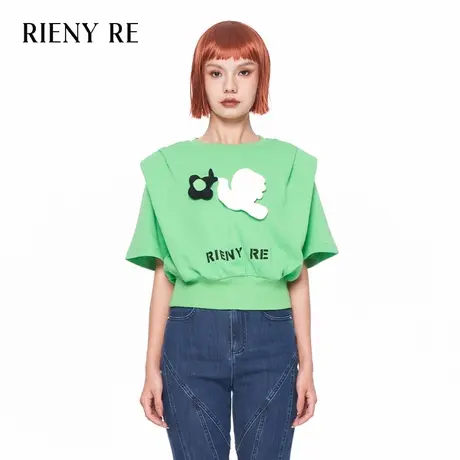 RIENYRE短袖t恤女春秋季薄款圆领垫肩设计感小众上衣收腰显瘦短袖图片