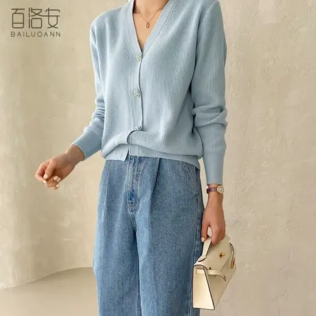百洛安别致V领针织衫女外搭开衫上衣春新款时尚宽松长袖毛衣外套商品大图