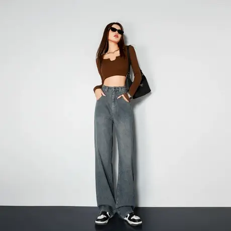 高腰窄版阔腿牛仔裤女春秋冬2023年新款显瘦直筒宽松垂感拖地裤子商品大图