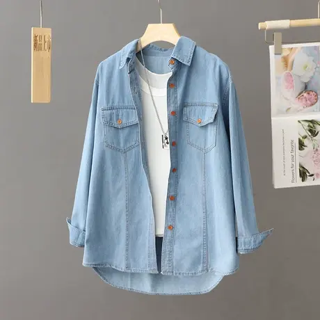 蓝色牛仔衬衫外套女2023春秋新款中长款衬衣开衫外搭宽松大码上衣图片