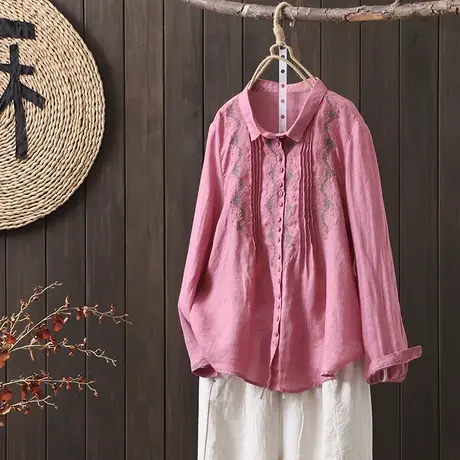 枫谜2022年秋季新款复古翻领宽松单排扣长袖刺绣苎麻衬衫图片