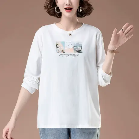 纯棉长袖T恤女春秋季新款宽松加肥加大码女装印花百搭显瘦打底衫图片