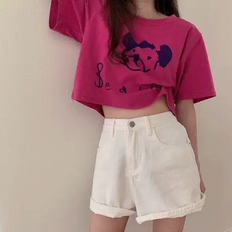 情侣闺蜜装短袖网红ins超火T恤2024新款夏季女露脐短款玫红色上衣图片