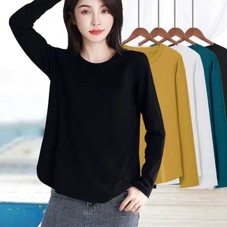 新款正肩上衣女单件黑色长袖t恤打底衫大码宽松显瘦遮肚子肉小衫商品大图