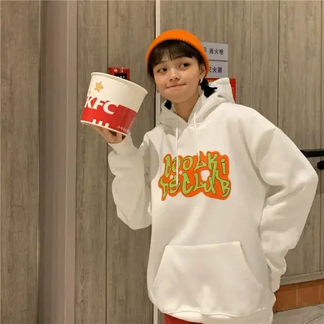 新款韩版盐系港风ina潮新年圣诞节宽松bf加绒加厚连帽卫衣女外套图片