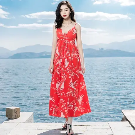 夏季三亚沙滩裙女泰国超仙红色露背吊带裙雪纺连衣裙长裙海边度假图片